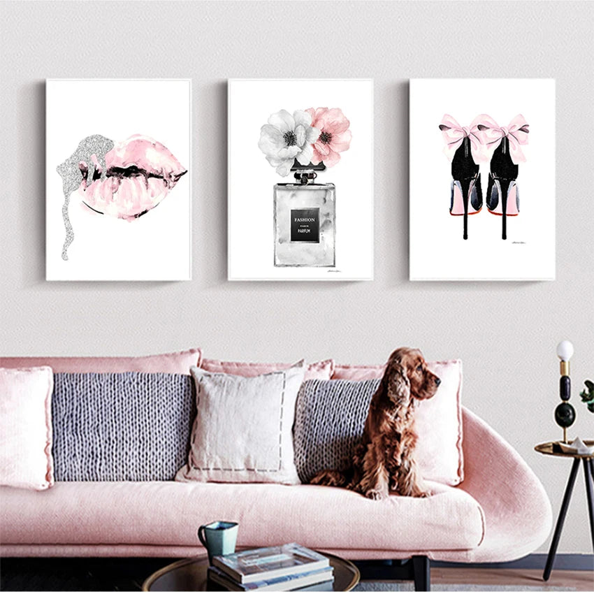 Black Pink Paris Perfume Lipstick Heels Wall Art Fine Art Canvas Prints Chic Fashion Pictures For Living Room Bedroom Boutique Salon Art Decor 2025