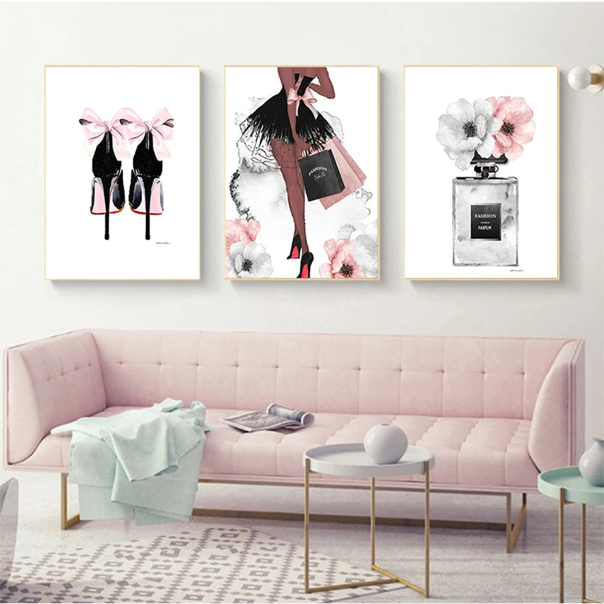Black Pink Paris Perfume Lipstick Heels Wall Art Fine Art Canvas Prints Chic Fashion Pictures For Living Room Bedroom Boutique Salon Art Decor 2025
