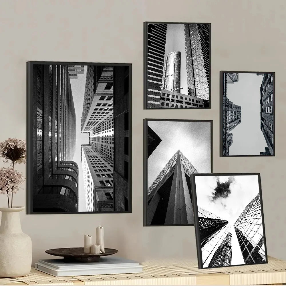 Black White Abstract Architectural Landscape Wall Art Self Adhesive Posters For Living Room Dining Room Home and Office Art Decor