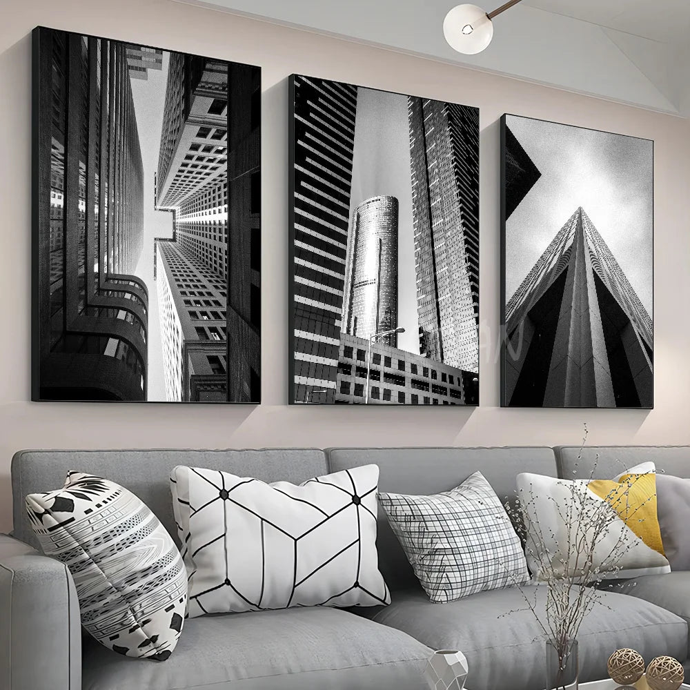 Black White Abstract Architectural Landscape Wall Art Self Adhesive Posters For Living Room Dining Room Home and Office Art Decor