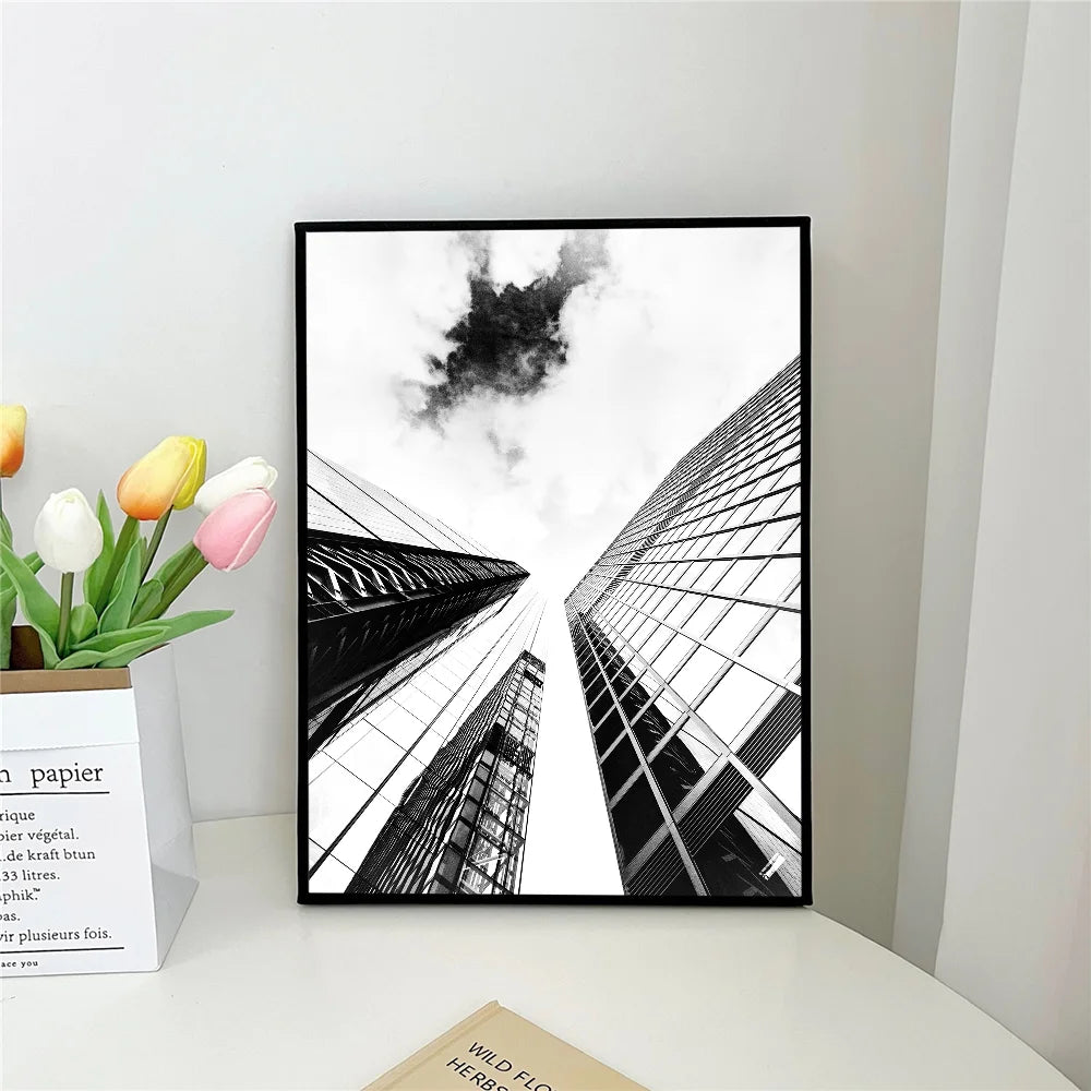 Black White Abstract Architectural Landscape Wall Art Self Adhesive Posters For Living Room Dining Room Home and Office Art Decor