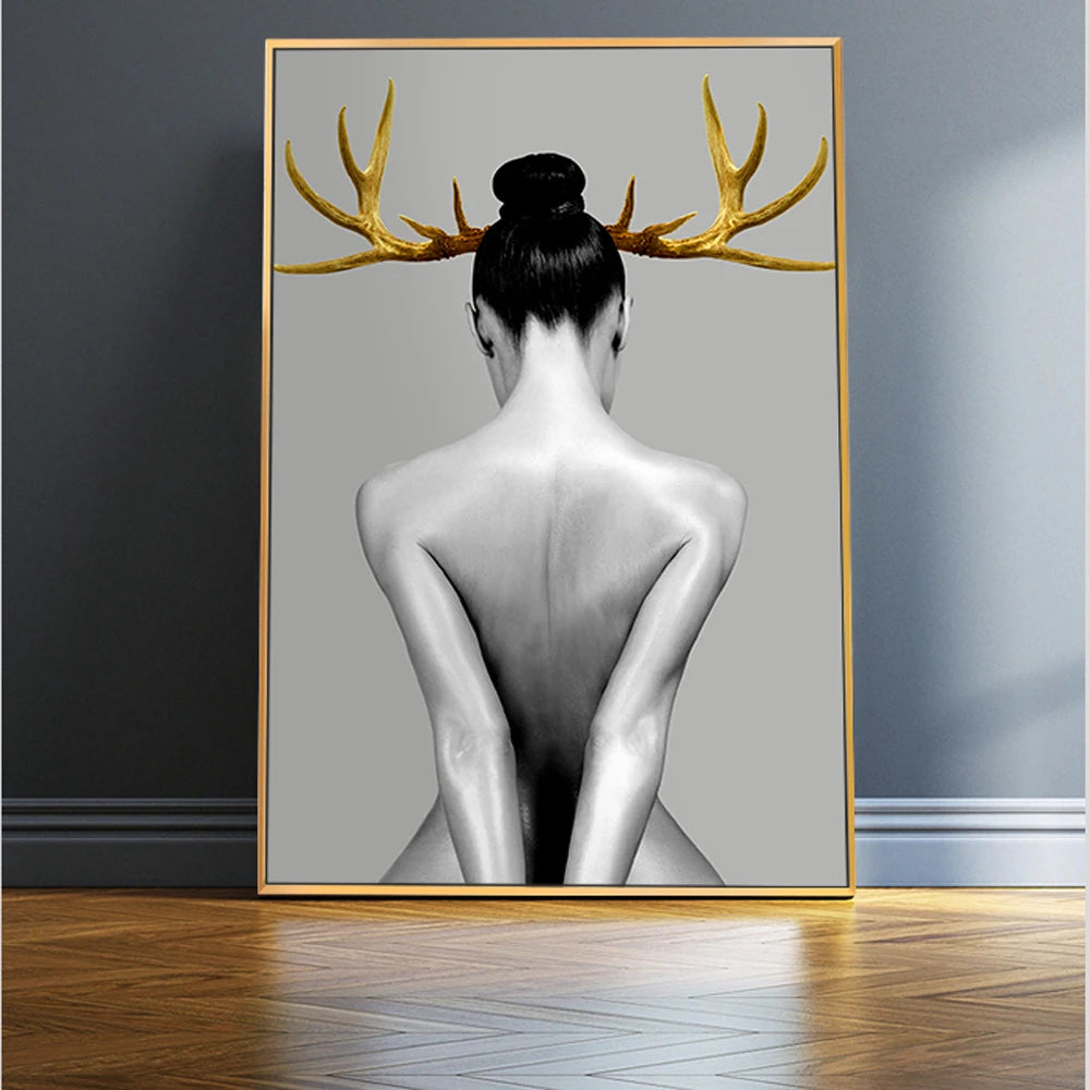 Black White Golden Antlered Girl Poster Wall Art Fine Art Canvas Prints Nordic Picture For Living Room Bedroom Studio Home Office Decor