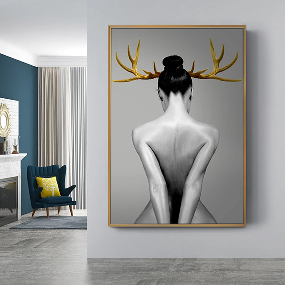 Black White Golden Antlered Girl Poster Wall Art Fine Art Canvas Prints Nordic Picture For Living Room Bedroom Studio Home Office Decor