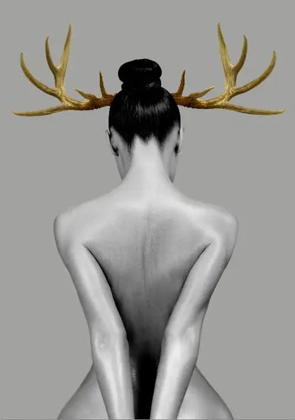 Black White Golden Antlered Girl Poster Wall Art Fine Art Canvas Prints Nordic Picture For Living Room Bedroom Studio Home Office Decor