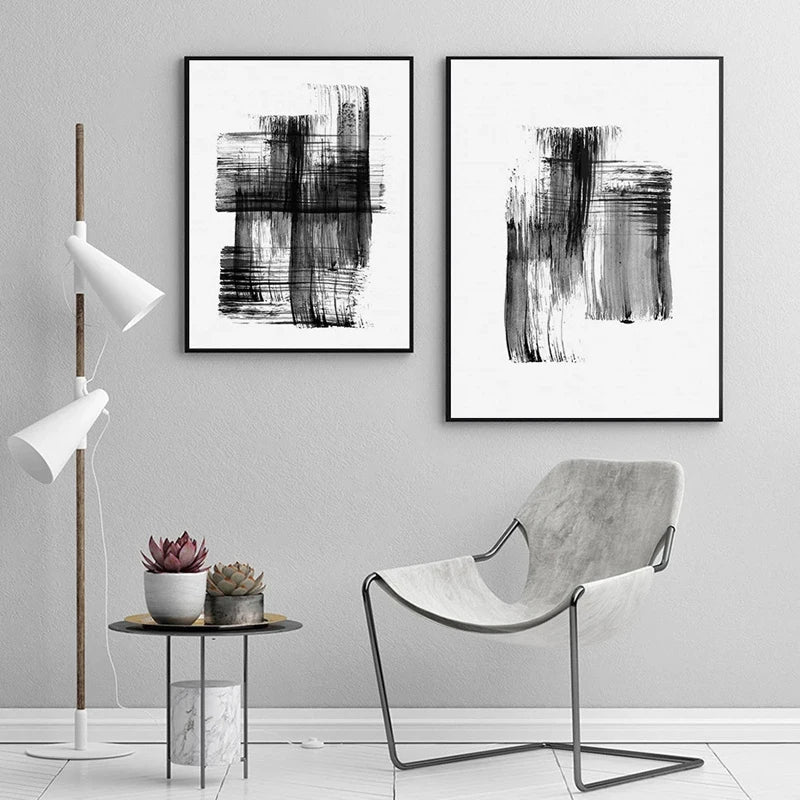 Black White Wall Art Minimalist Abstract Ink Brush Strokes Fine Art Canvas Prints Posters Pictures For Living Room Home Office Art Decor