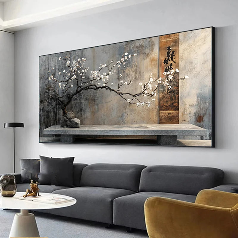 Blossom Tree Stone Terrace Oriental Zen Still Life Wall Art Fine Art Canvas Print Large Format Abstract Picture For Living Room Dining Room Home and Office Decor