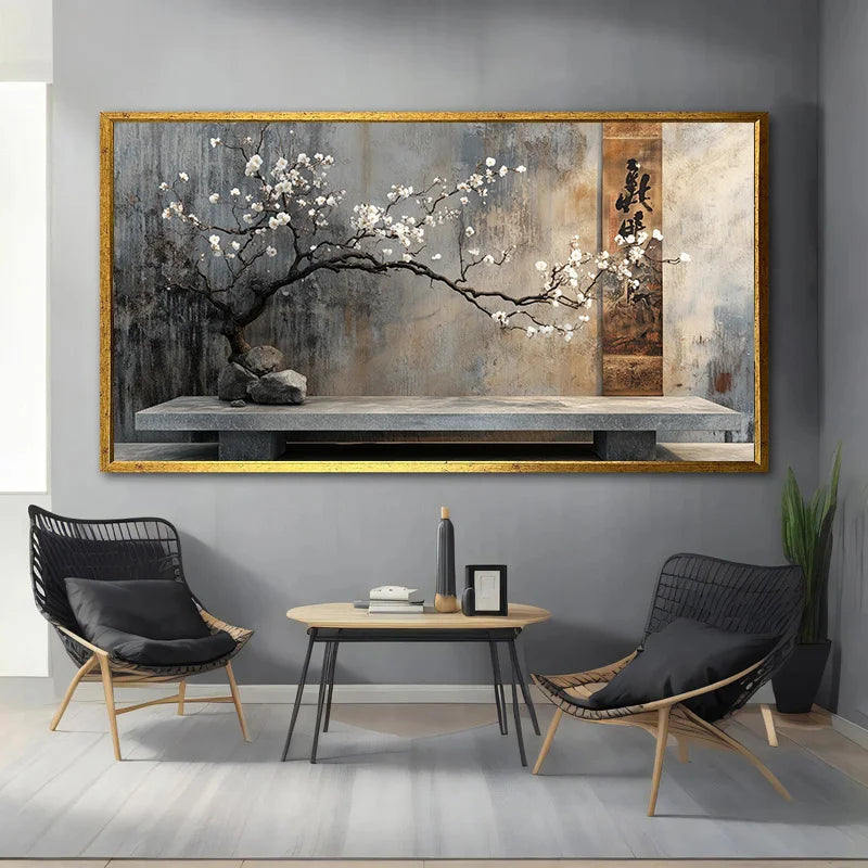 Blossom Tree Stone Terrace Oriental Zen Still Life Wall Art Fine Art Canvas Print Large Format Abstract Picture For Living Room Dining Room Home and Office Decor