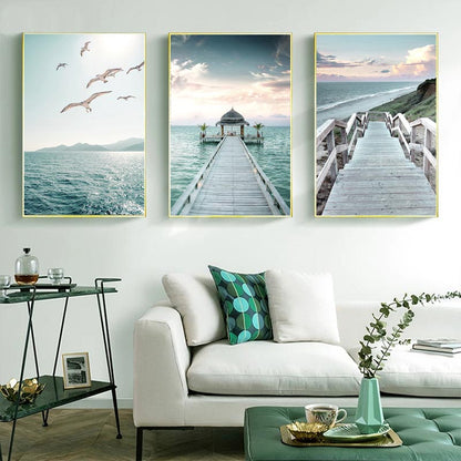 Beach Sea Ocean Poster Wall Art Canvas Painting Bridge Leaves Turtle Seagull Print Vibrant Summer Picture Nordic Home Decoration
