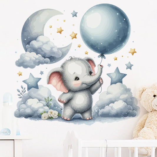 Illustration of a cute elephant holding a balloon with stars and clouds in the background.