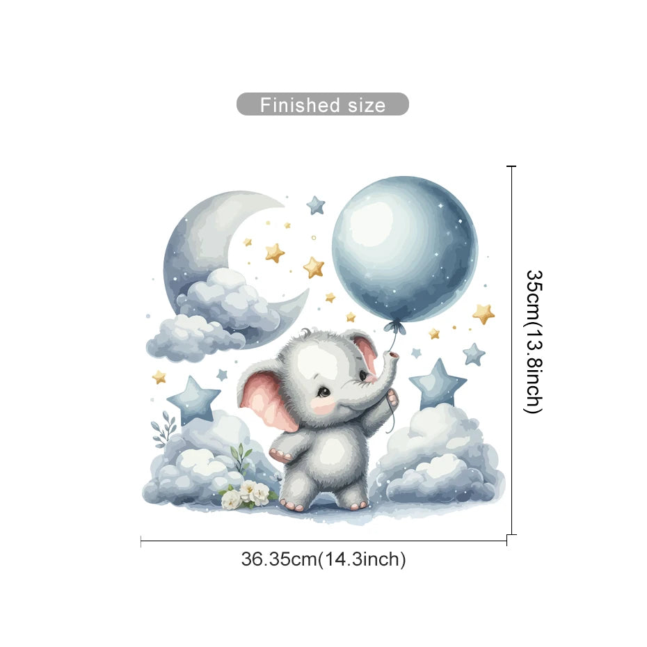 Wall decal of a cartoon elephant holding balloons with measurements on a white background