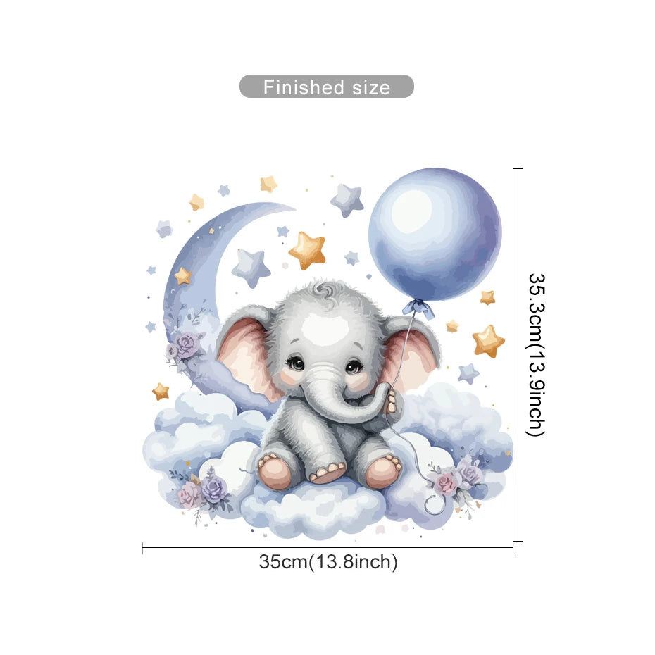 Illustration of a baby elephant holding a balloon with measurements on a white background