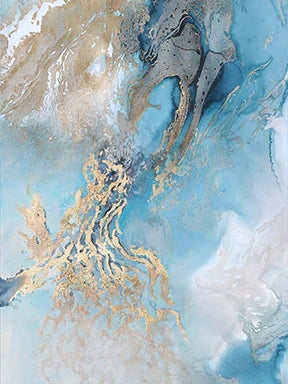 Abstract art with gold, blue, and beige colors