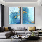 Blue Golden Aqua Marble Print Wall Art Fine Art Canvas Prints Abstract Pictures For Modern Living Room Hotel Room Home Office Decor