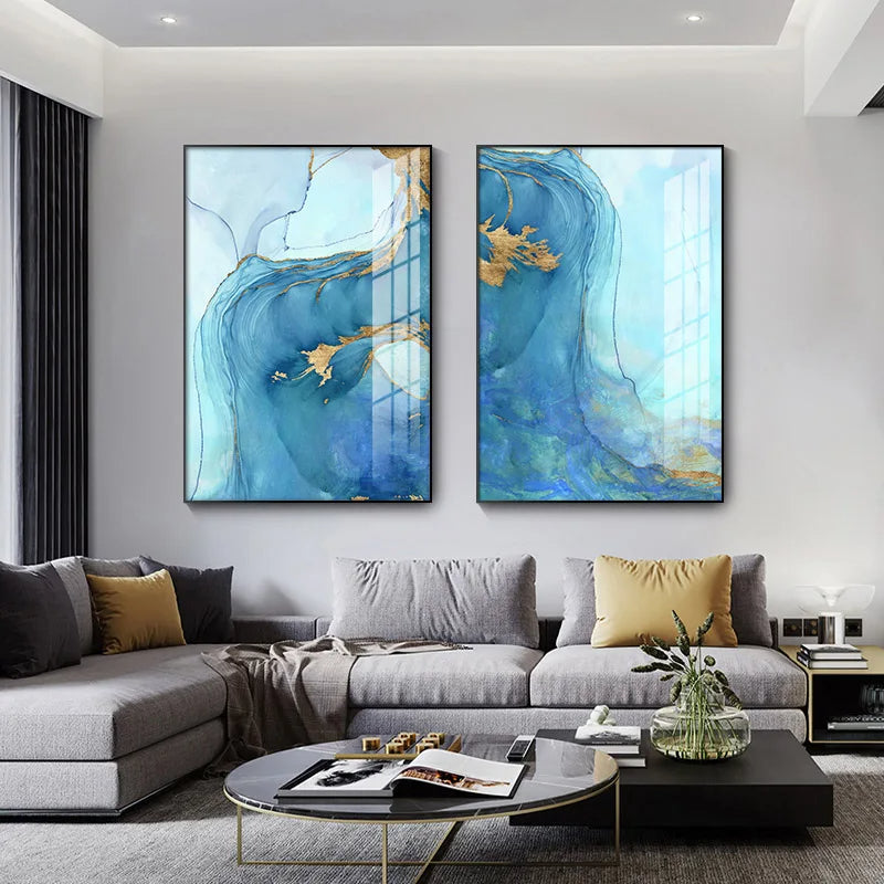 Blue Golden Aqua Marble Print Wall Art Fine Art Canvas Prints Abstract Pictures For Modern Living Room Hotel Room Home Office Decor