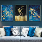Blue Golden Birds and Butterflies Wall Art Fine Art Canvas Prints Auspicious Abstract Pictures For Living Room Bedroom Hotel Room Art Decor