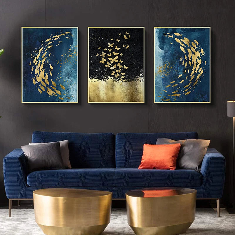 Blue Golden Birds and Butterflies Wall Art Fine Art Canvas Prints Auspicious Abstract Pictures For Living Room Bedroom Hotel Room Art Decor