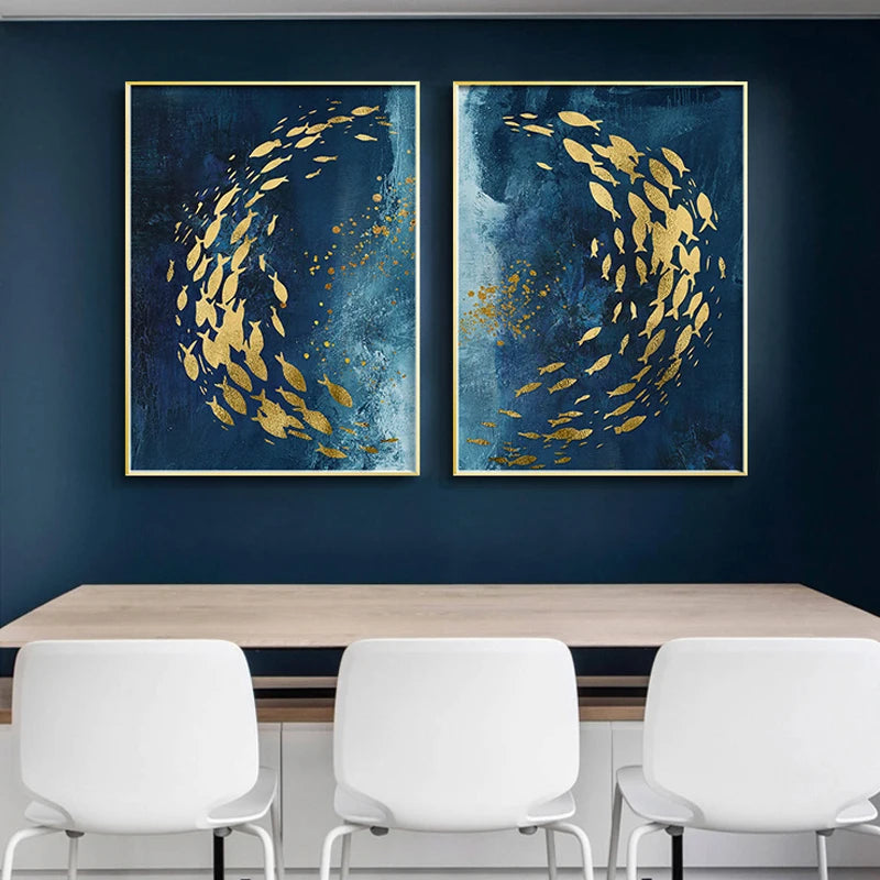 Blue Golden Birds and Butterflies Wall Art Fine Art Canvas Prints Auspicious Abstract Pictures For Living Room Bedroom Hotel Room Art Decor