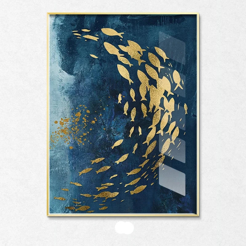 Blue Golden Birds and Butterflies Wall Art Fine Art Canvas Prints Auspicious Abstract Pictures For Living Room Bedroom Hotel Room Art Decor
