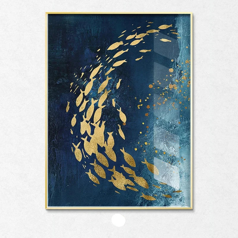 Blue Golden Birds and Butterflies Wall Art Fine Art Canvas Prints Auspicious Abstract Pictures For Living Room Bedroom Hotel Room Art Decor