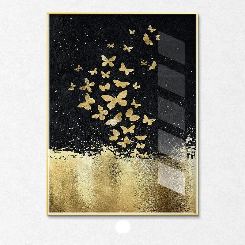 Blue Golden Birds and Butterflies Wall Art Fine Art Canvas Prints Auspicious Abstract Pictures For Living Room Bedroom Hotel Room Art Decor