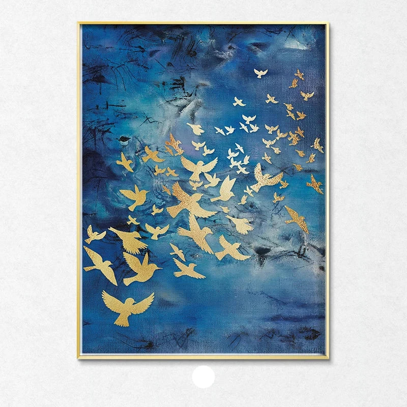 Blue Golden Birds and Butterflies Wall Art Fine Art Canvas Prints Auspicious Abstract Pictures For Living Room Bedroom Hotel Room Art Decor