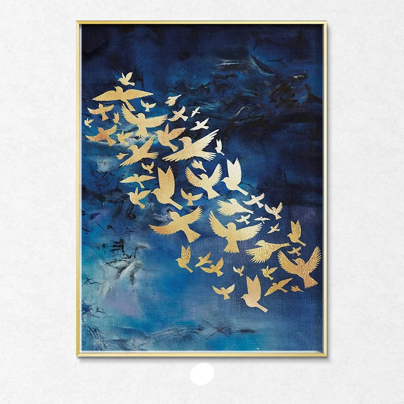 Blue Golden Birds and Butterflies Wall Art Fine Art Canvas Prints Auspicious Abstract Pictures For Living Room Bedroom Hotel Room Art Decor