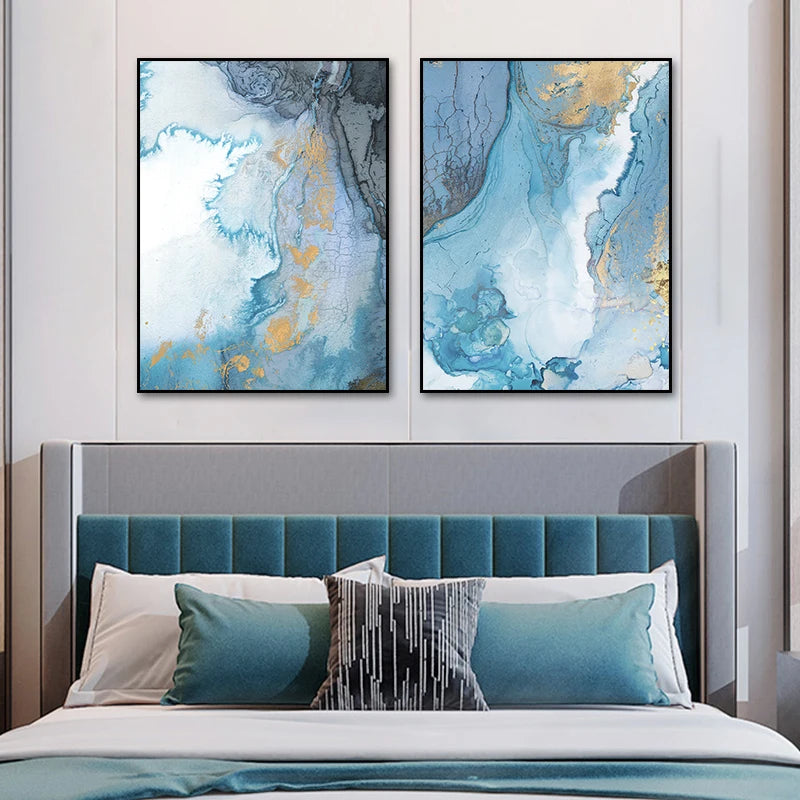 Blue Golden Marble Print Abstract Wall Art Fine Art Canvas Prints Pictures For Living Room Dining Room Hotel Room Bedroom Art Decor 2024