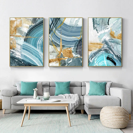 Blue Golden Nordic Marble Print Abstract Wall Art Fine Art Canvas Prints Pictures For Living Room Bedroom Home Office Decor