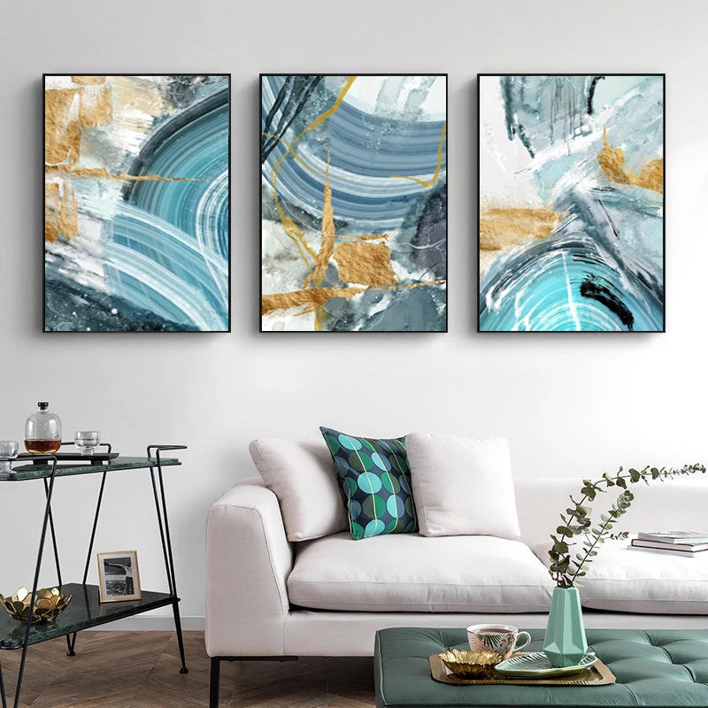 Blue Golden Nordic Marble Print Abstract Wall Art Fine Art Canvas Prints Pictures For Living Room Bedroom Home Office Decor