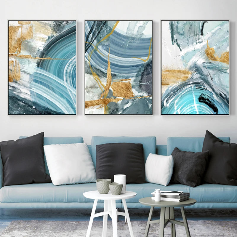 Blue Golden Nordic Marble Print Abstract Wall Art Fine Art Canvas Prints Pictures For Living Room Bedroom Home Office Decor