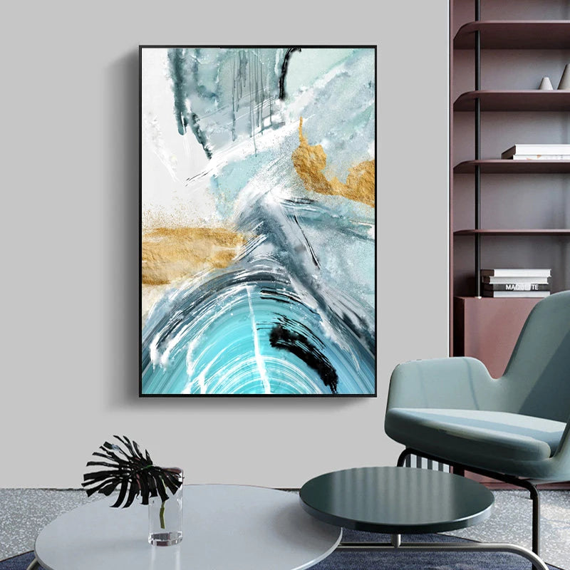 Blue Golden Nordic Marble Print Abstract Wall Art Fine Art Canvas Prints Pictures For Living Room Bedroom Home Office Decor