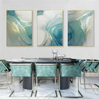 Dining room with abstract art on the wall and modern furniture.