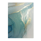 Abstract art print with gold and blue marbled design on a white background