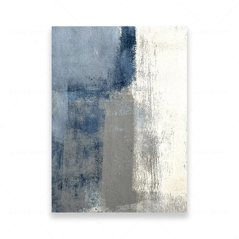 Abstract art print with blue and white brush strokes on a white background