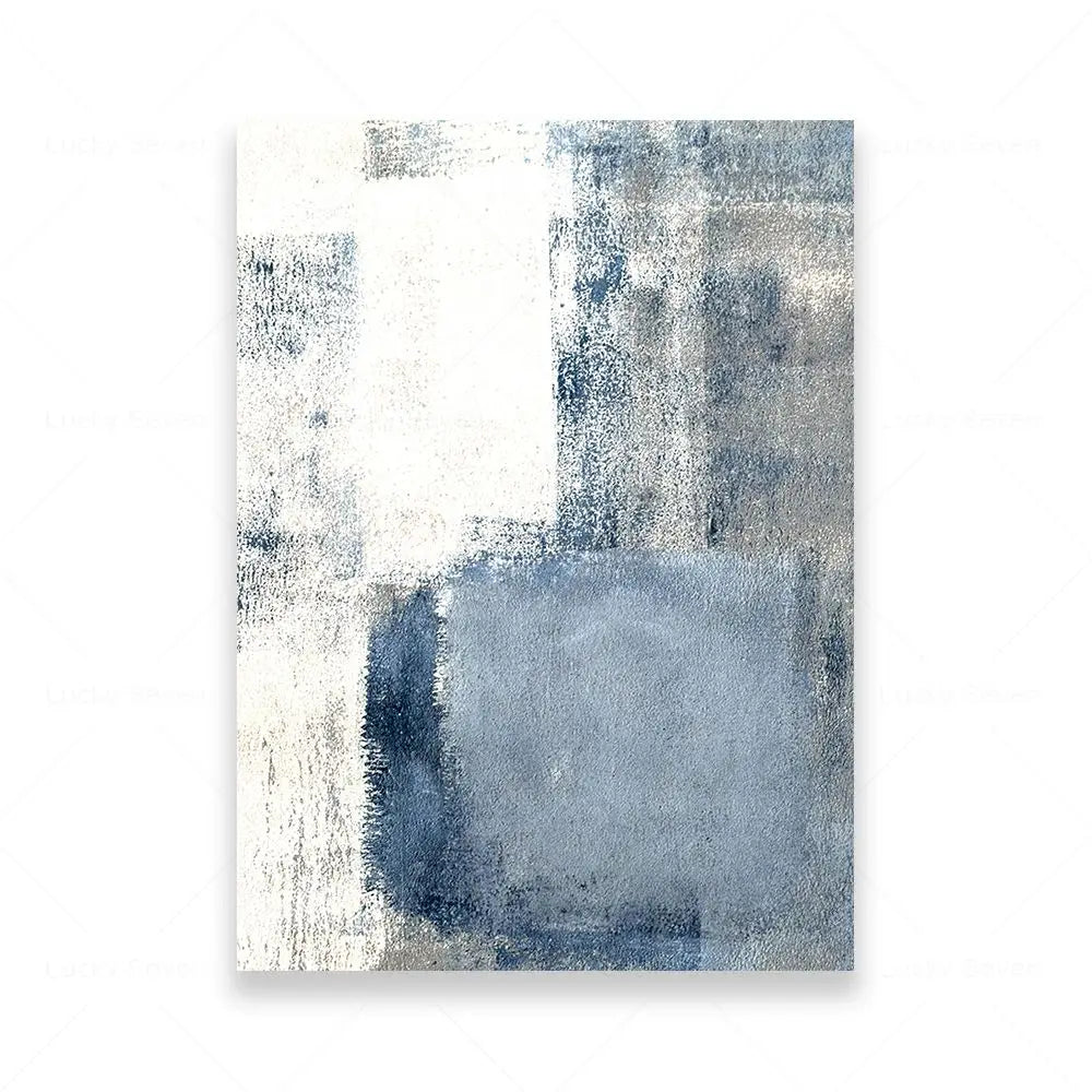 Abstract art print with blue and gray tones on a white background