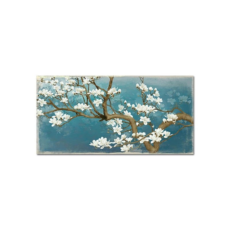 Painting of white flowers on a branch against a blue background