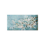 Painting of cherry blossom branches with white flowers on a blue background