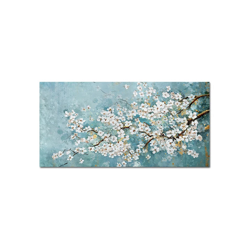 Painting of cherry blossom branches with white flowers on a blue background