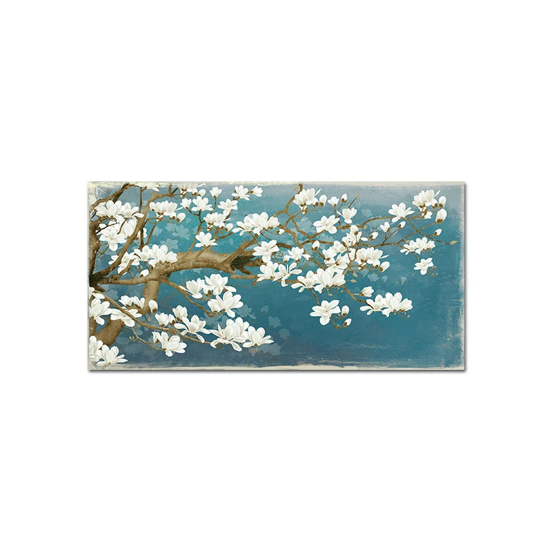 Painting of white flowers on a branch against a blue background