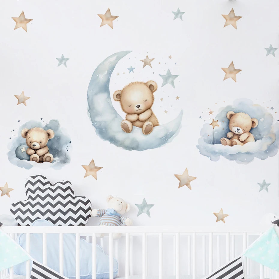 Children's room with teddy bear wall decals on a white wall.