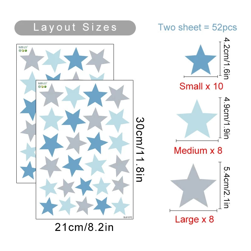 Star-shaped stickers with layout sizes and quantities on a white background