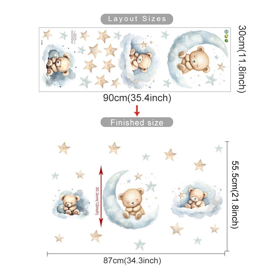 Measurement chart for teddy bear wall stickers with layout sizes and finished dimensions.