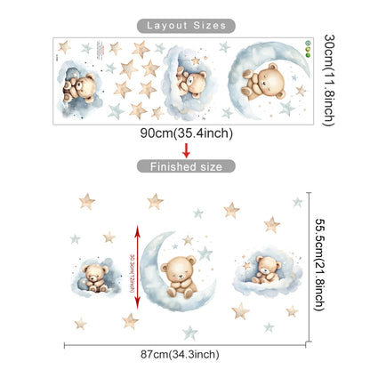 Measurement chart for teddy bear wall stickers with layout sizes and finished dimensions.