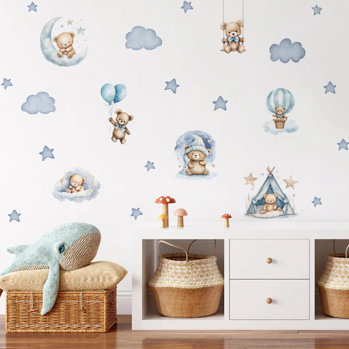 Children's room with teddy bear wall stickers and wicker furniture.
