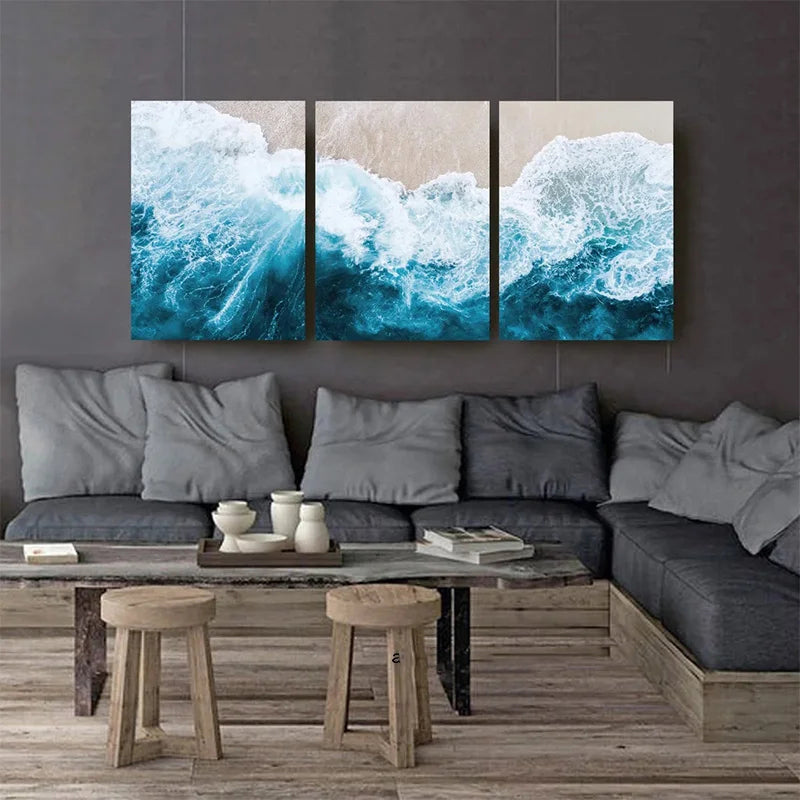 Blue Ocean Waves Beach Wall Art Fine Art Canvas Prints Sand Seascape Coastal Pictures For Living Room Dining Room Art For Modern Apartment