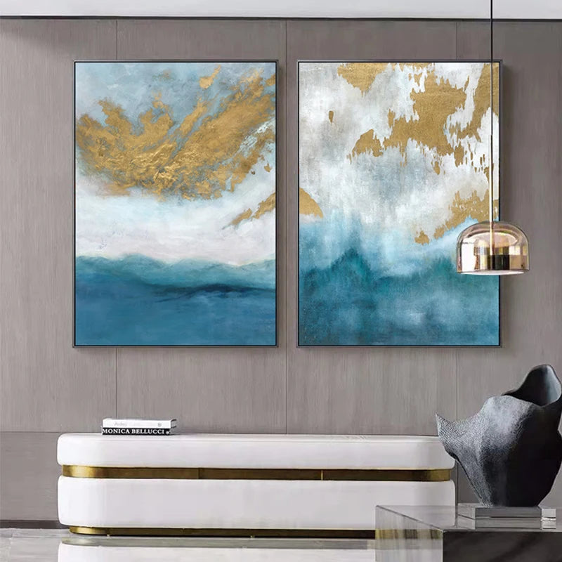 Blue Sea Golden Sands Wall Art Fine Art Canvas Prints Nordic Abstract Pictures For Modern Apartment Living Room Bedroom Foyer Art Decor