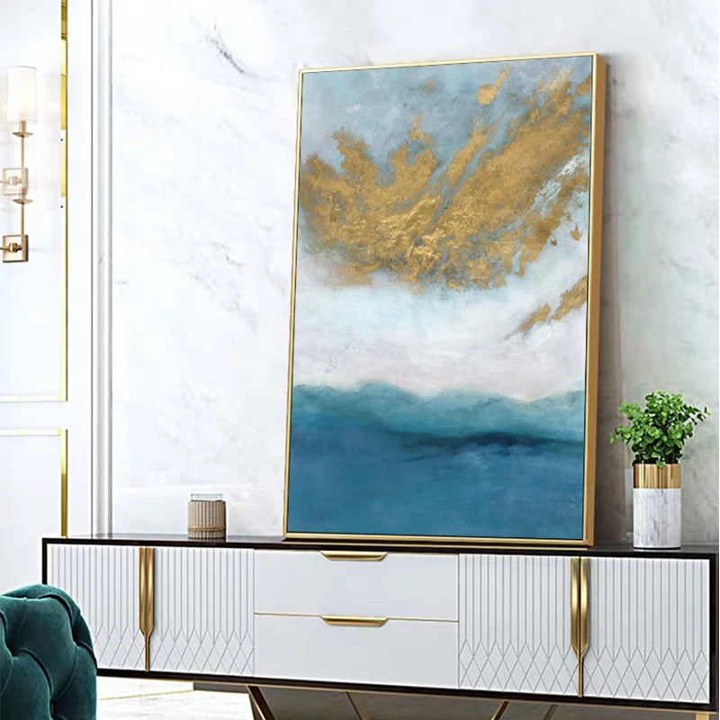 Blue Sea Golden Sands Wall Art Fine Art Canvas Prints Nordic Abstract Pictures For Modern Apartment Living Room Bedroom Foyer Art Decor