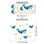 Measurement chart for whale and star wall decals with dimensions.