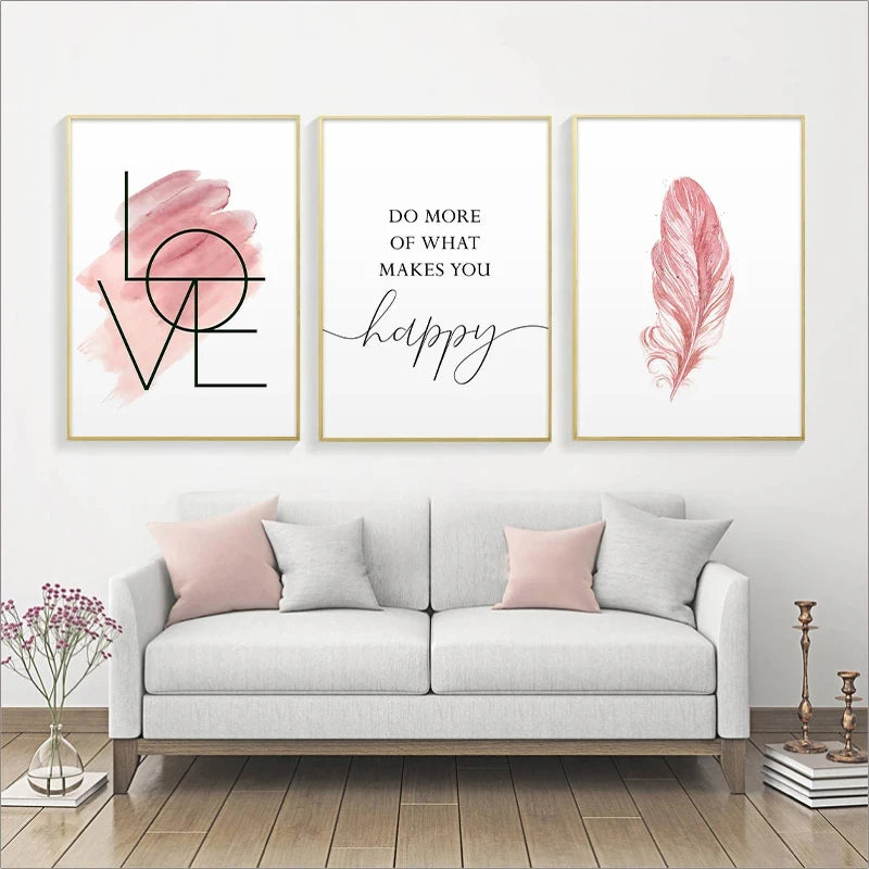 Blush Pink Love Feather Wall Art Fine Art Canvas Prints Minimalist Fashion Pictures For Living Room Girl's Bedroom Fashion Art Decor