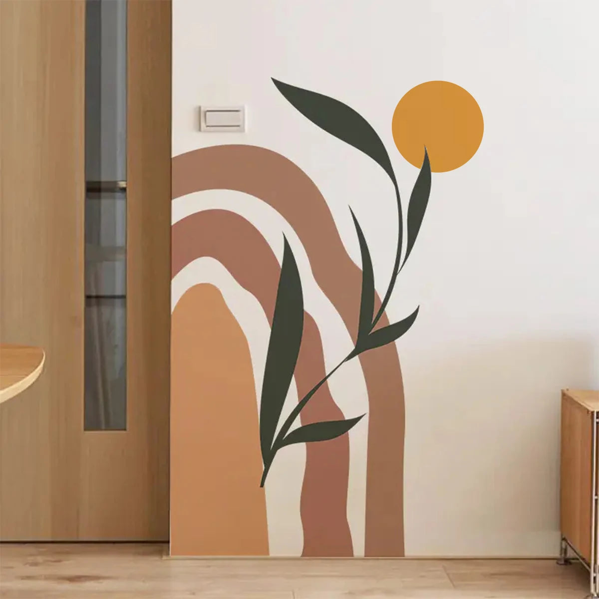 Boho Abstract Sun Arch Wall Mural – Simple Botanical Vinyl Wall Decal for Bedroom, Living Room, Creative DIY Home Decor